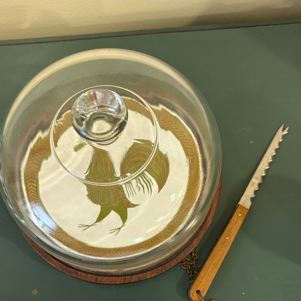 Vintage 1970s Goodwood Golden Rooster Cheese Plate with Glass Dome.